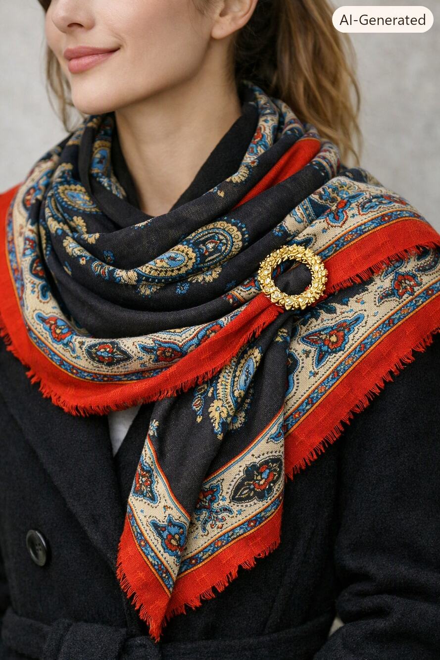 Vintage Paisley Scarf Turquoise, Red, Black Woven Scarf, Large size